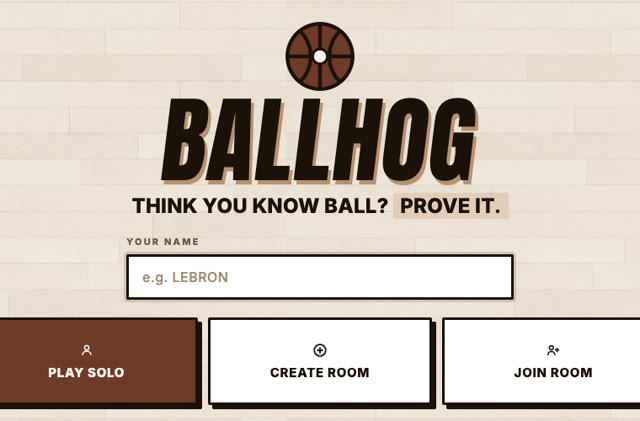 Ballhog join screen with solo, create room, and join room options